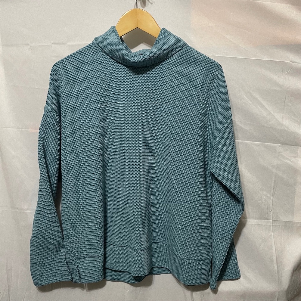Talbots woman’s L teal WAFFLE KNIT COWL NECK casual TOP